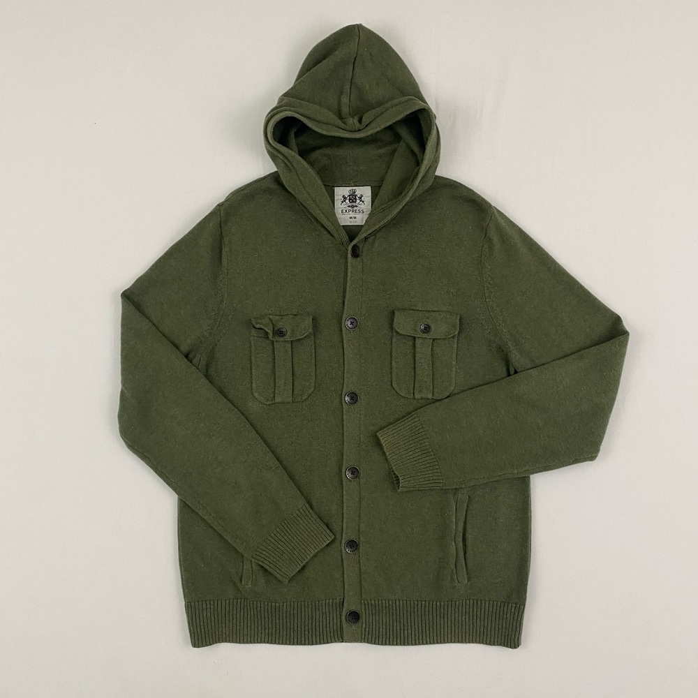 Express Army Green 100% Cotton Utility Cardigan with Hood